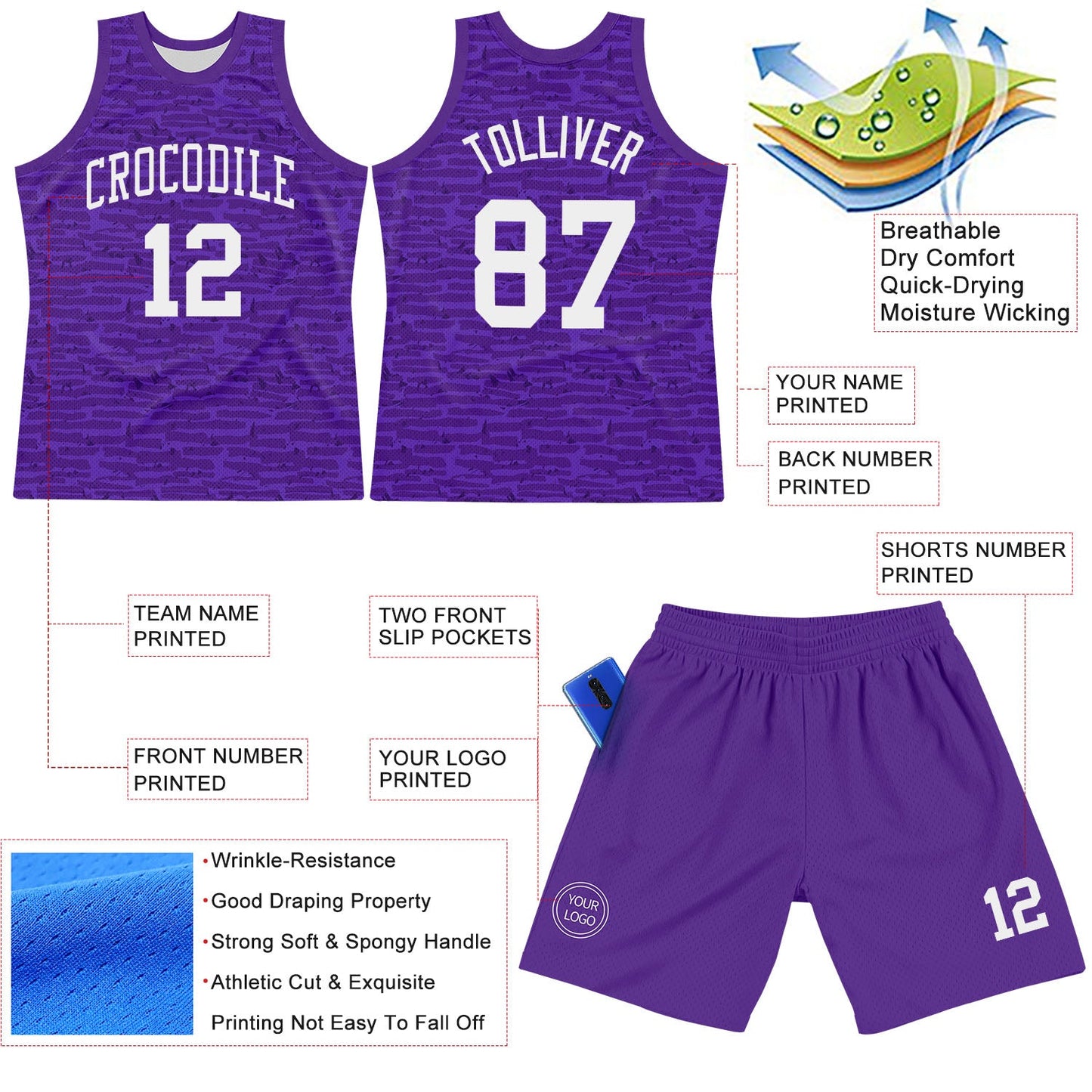 Custom Purple White Fragment Art Round Neck Sublimation Basketball Suit Jersey - Sky-Custom