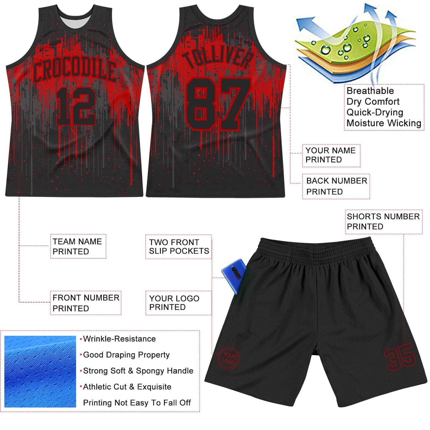 Custom Black Red Dripping Splatter Art Round Neck Sublimation Basketball Suit Jersey - Sky-Custom