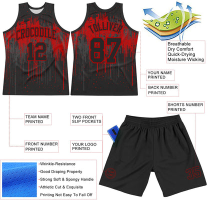 Custom Black Red Dripping Splatter Art Round Neck Sublimation Basketball Suit Jersey - Sky-Custom
