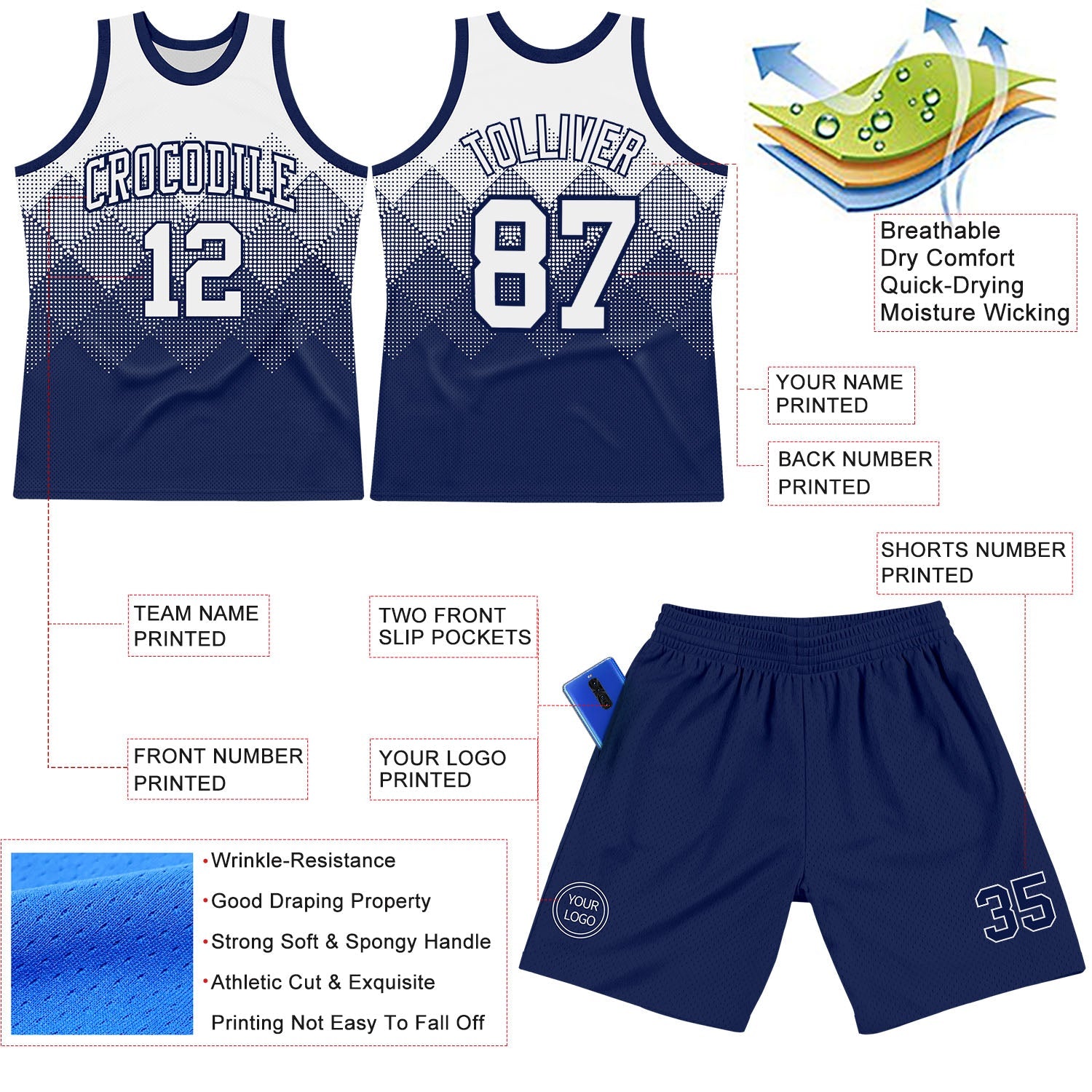 Custom White Navy Gradient Square Shapes Round Neck Sublimation Basketball Suit Jersey - Sky-Custom