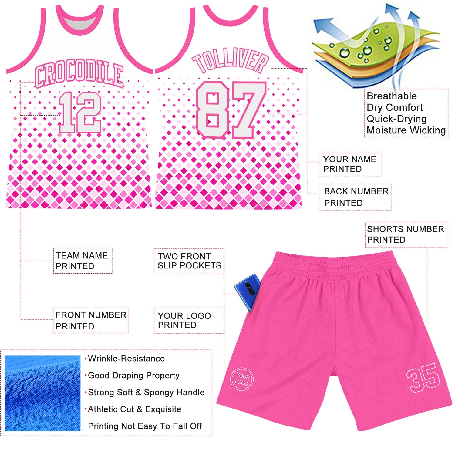 Custom White Pink Gradient Square Shapes Round Neck Sublimation Basketball Suit Jersey - Sky-Custom