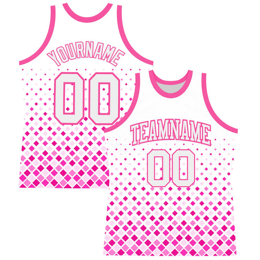 Custom White Pink Gradient Square Shapes Round Neck Sublimation Basketball Suit Jersey - Sky-Custom