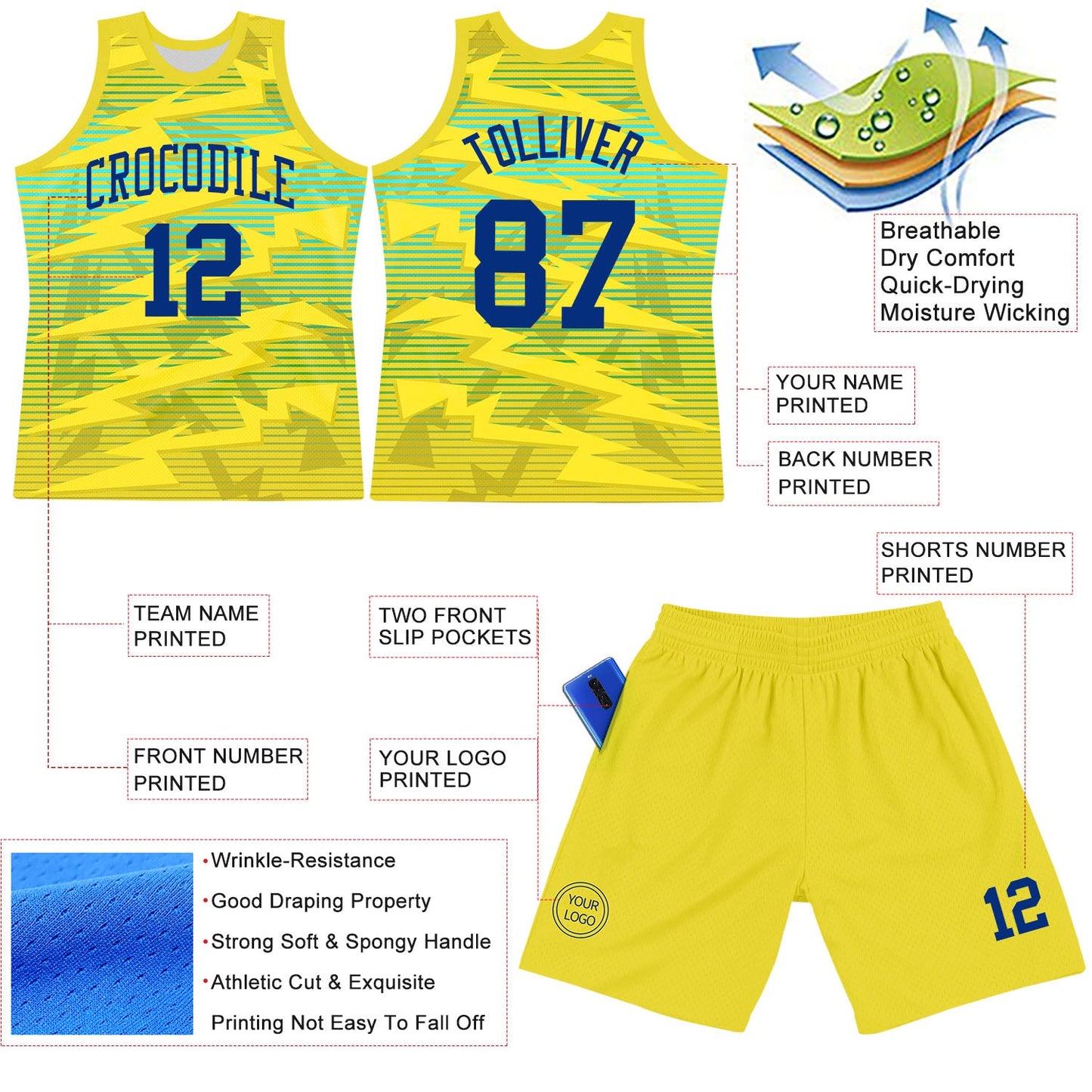 Custom Gold Royal-Light Blue Line Round Neck Sublimation Basketball Suit Jersey - Sky-Custom
