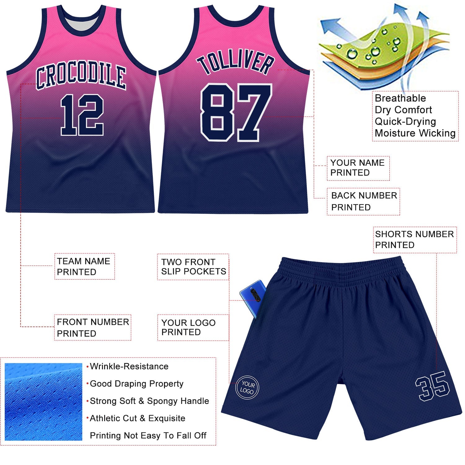 Custom Pink Navy-White Fade Fashion Round Neck Sublimation Basketball Suit Jersey - Sky-Custom