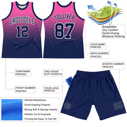 Custom Pink Navy-White Fade Fashion Round Neck Sublimation Basketball Suit Jersey - Sky-Custom