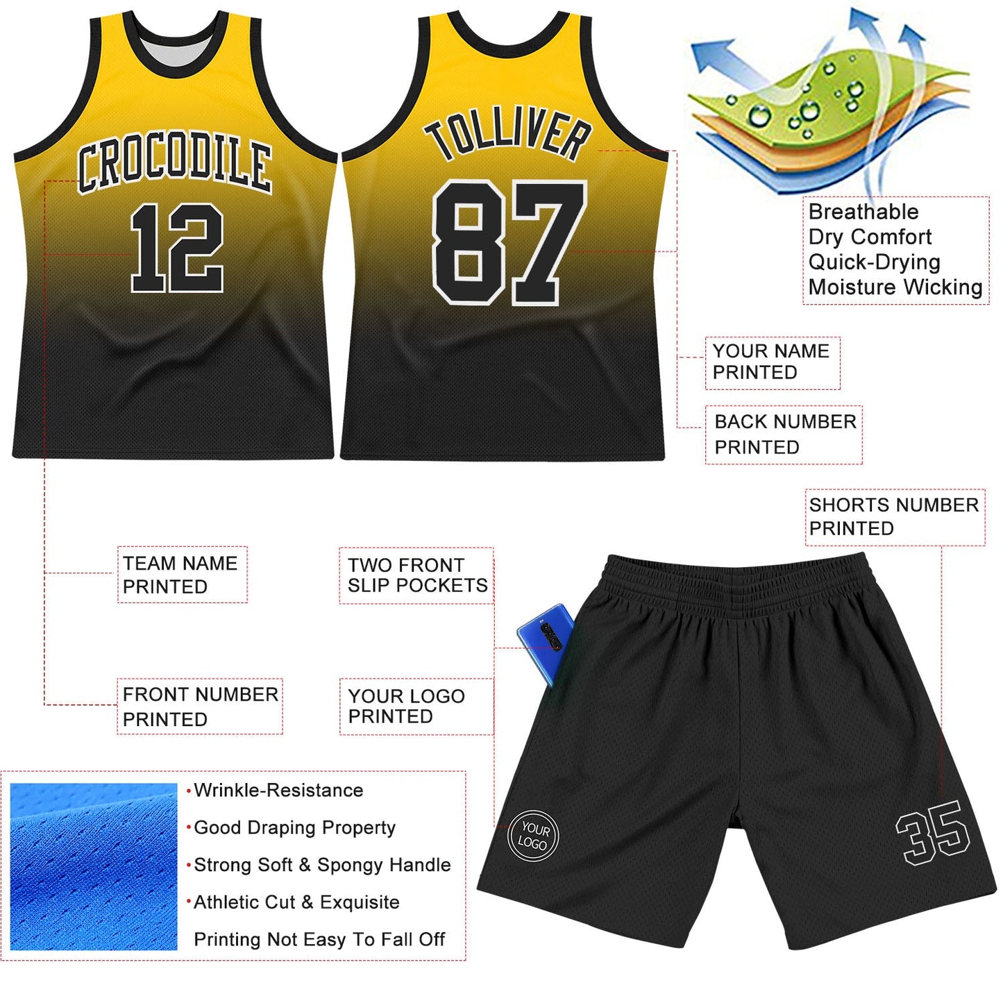 Custom Yellow Black-White Fade Fashion Round Neck Sublimation Basketball Suit Jersey - Sky-Custom