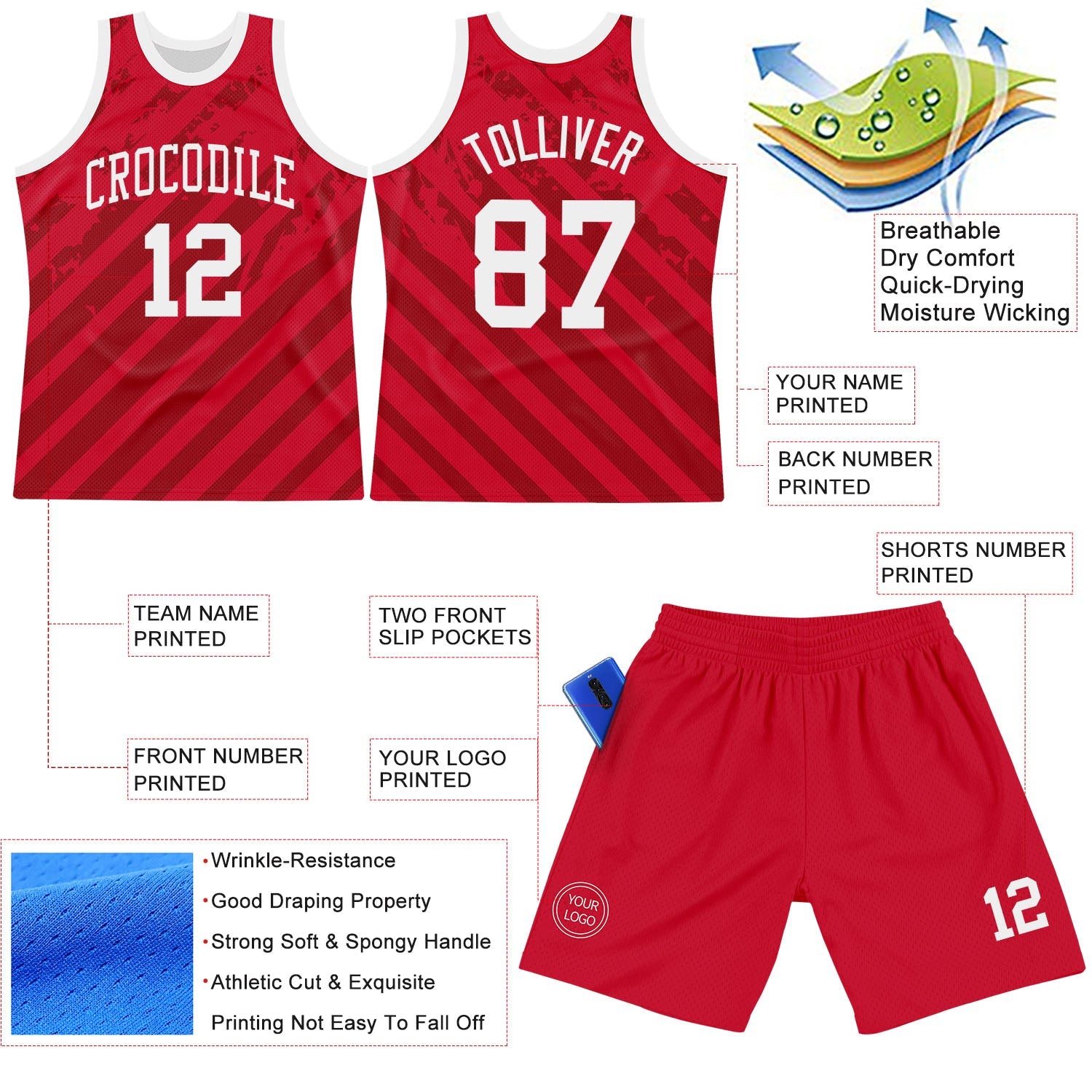 Custom Red White Line Round Neck Sublimation Basketball Suit Jersey - Sky-Custom