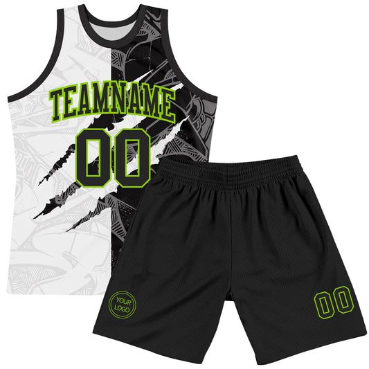 Custom Graffiti Pattern Black White-Neon Green Scratch Round Neck Sublimation Basketball Suit Jersey - Sky-Custom