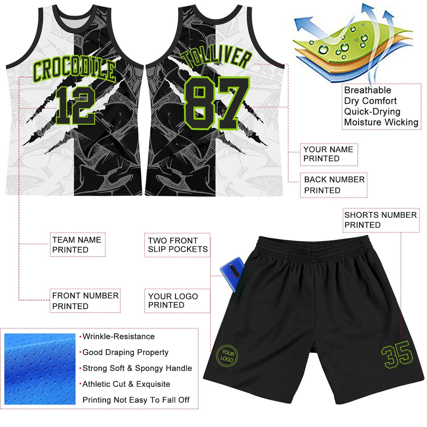 Custom Graffiti Pattern Black White-Neon Green Scratch Round Neck Sublimation Basketball Suit Jersey - Sky-Custom