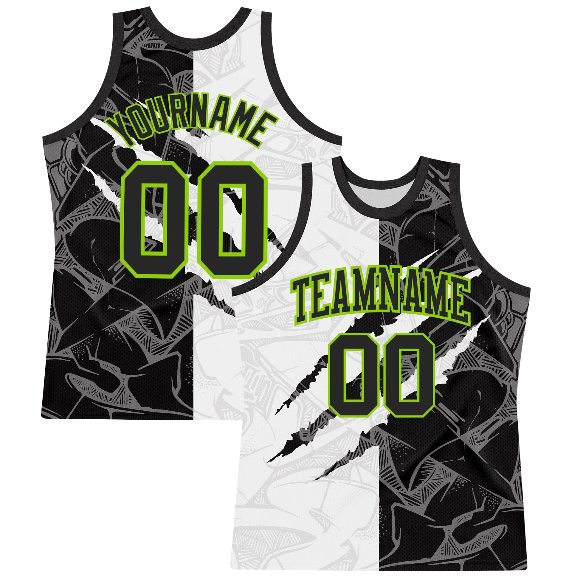 Custom Graffiti Pattern Black White-Neon Green Scratch Round Neck Sublimation Basketball Suit Jersey - Sky-Custom