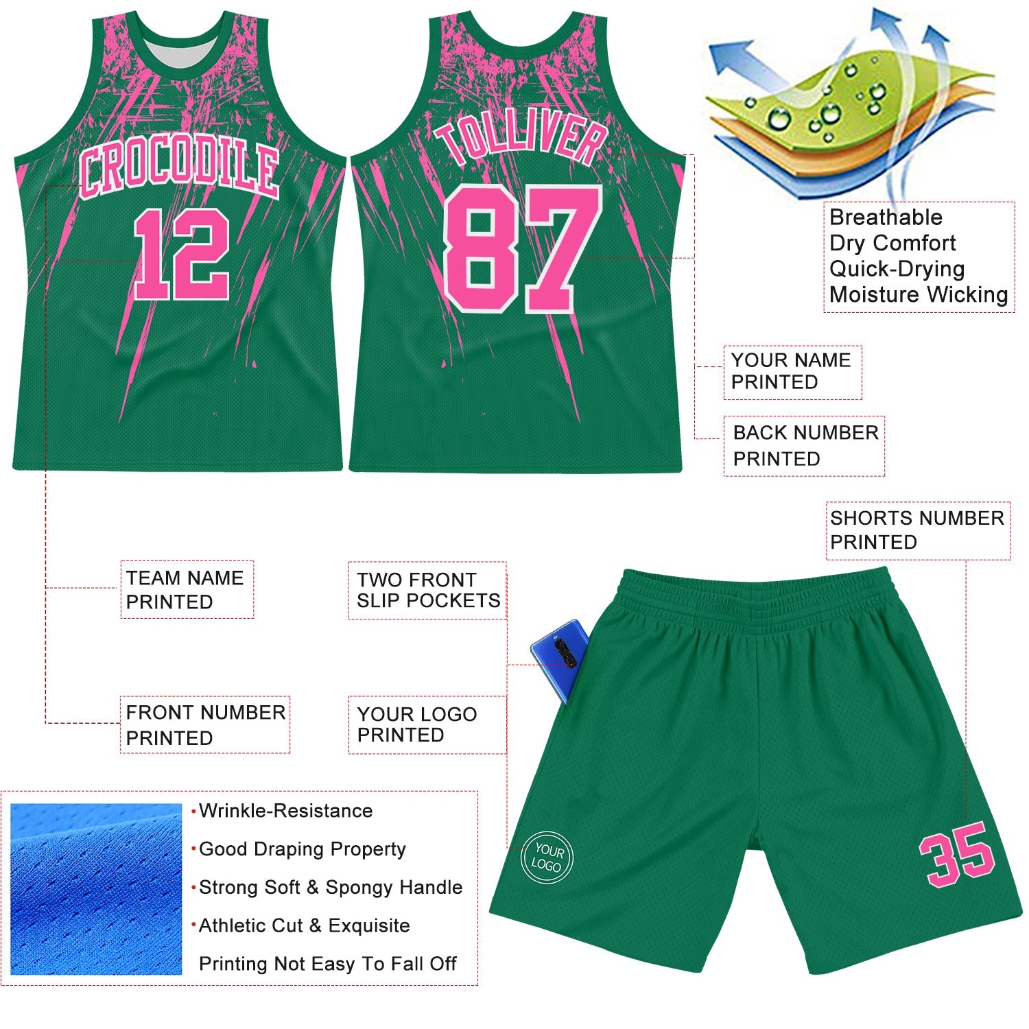 Custom Kelly Green Pink-White Splash Round Neck Sublimation Basketball Suit Jersey - Sky-Custom