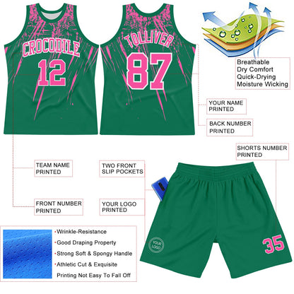 Custom Kelly Green Pink-White Splash Round Neck Sublimation Basketball Suit Jersey - Sky-Custom