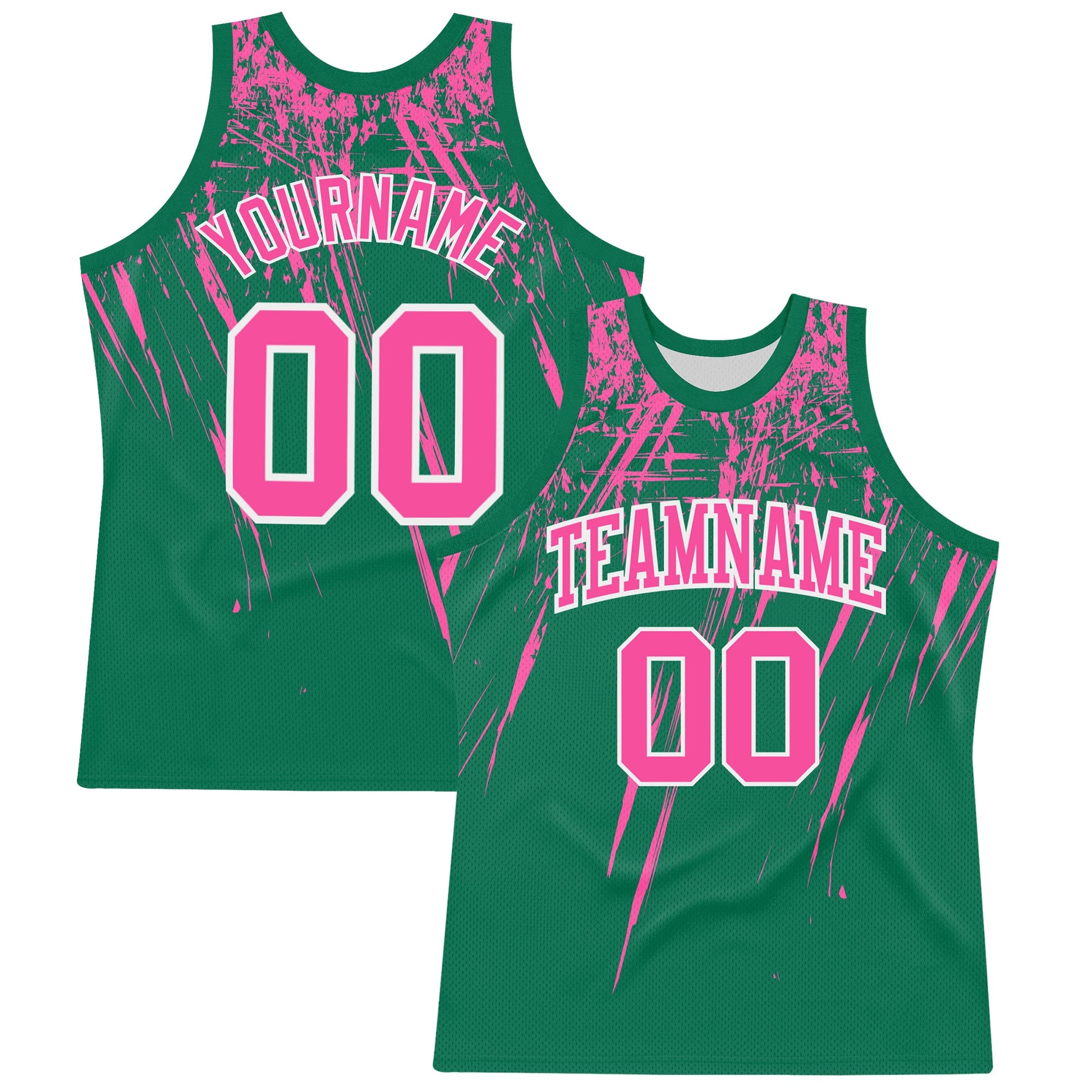 Custom Kelly Green Pink-White Splash Round Neck Sublimation Basketball Suit Jersey - Sky-Custom