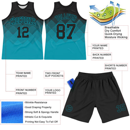 Custom Black Teal Gradient Square Shapes Round Neck Sublimation Basketball Suit Jersey - Sky-Custom