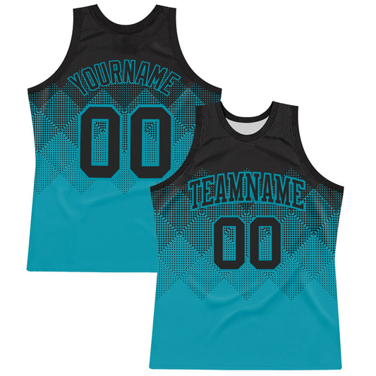 Custom Black Teal Gradient Square Shapes Round Neck Sublimation Basketball Suit Jersey - Sky-Custom