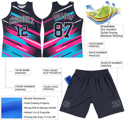Custom Navy Pink Light Blue-White Line Round Neck Sublimation Basketball Suit Jersey - Sky-Custom