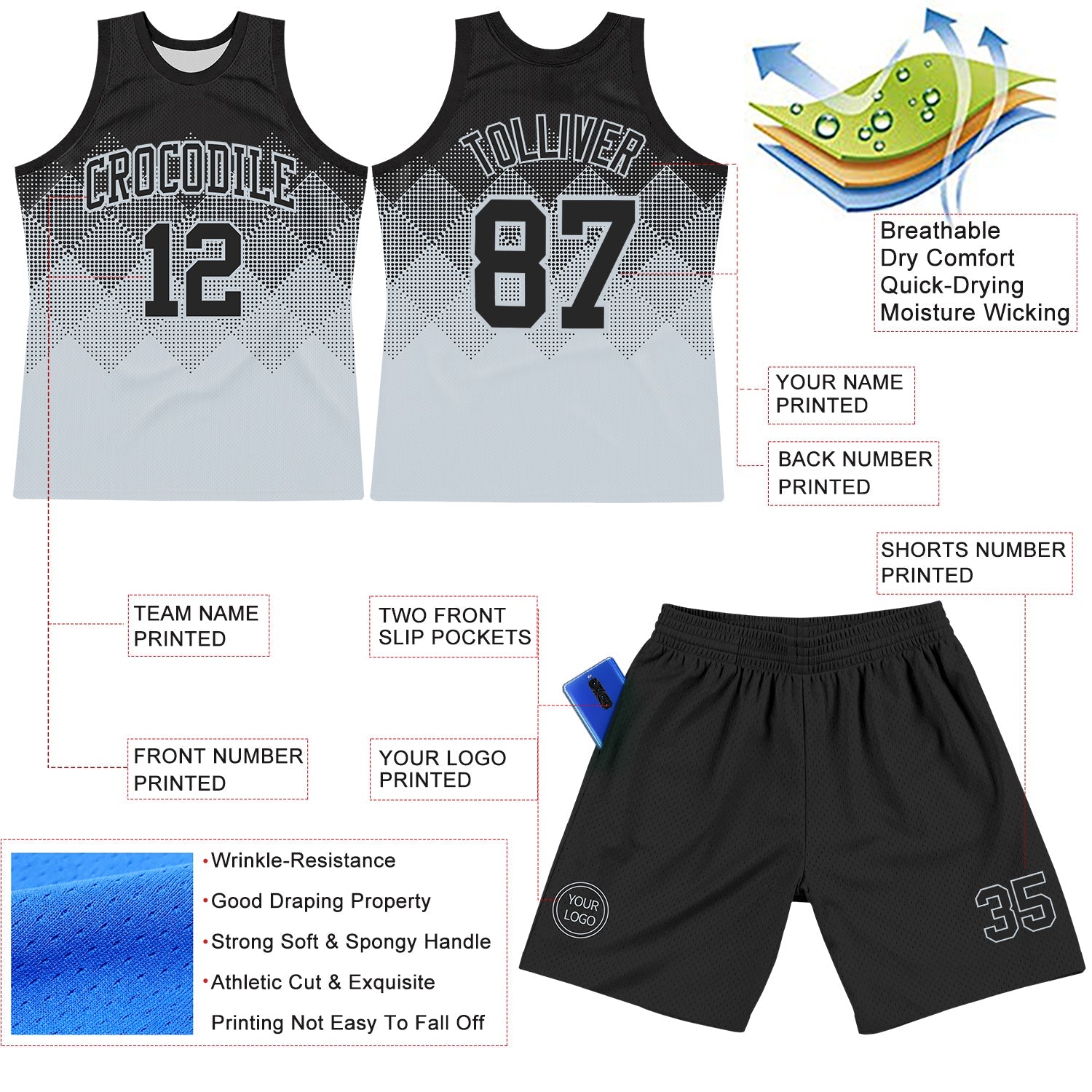 Custom Black Silver Gradient Square Shapes Round Neck Sublimation Basketball Suit Jersey - Sky-Custom