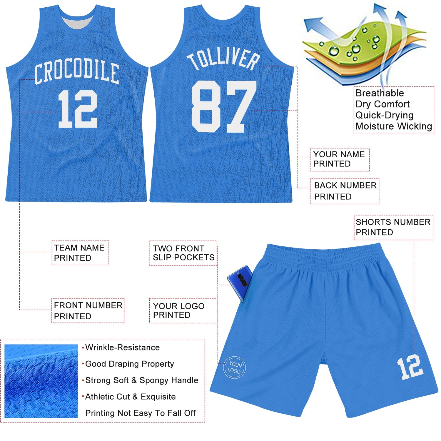Custom Light Blue White Line Round Neck Sublimation Basketball Suit Jersey - Sky-Custom
