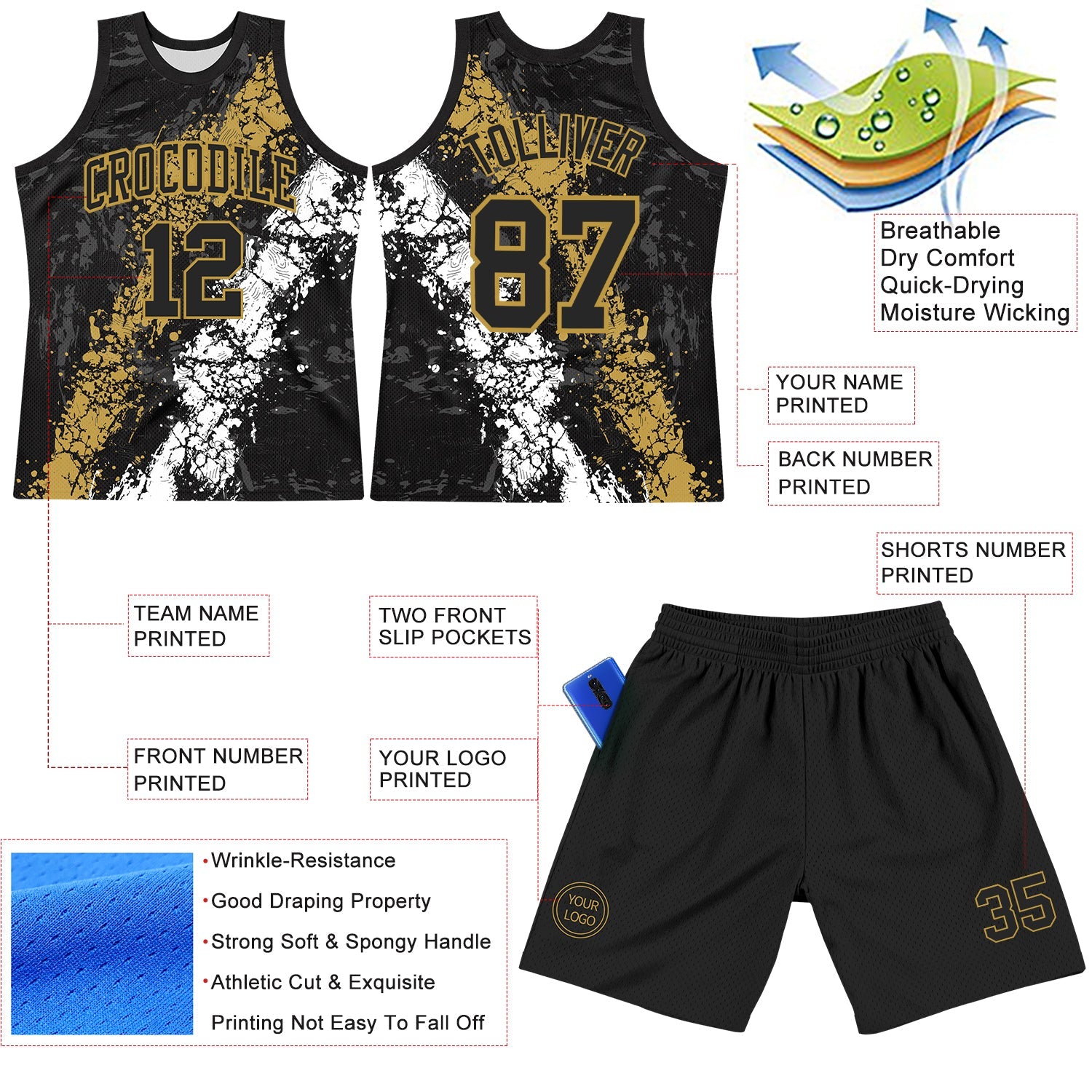 Custom Black Old Gold-White Splash Round Neck Sublimation Basketball Suit Jersey - Sky-Custom