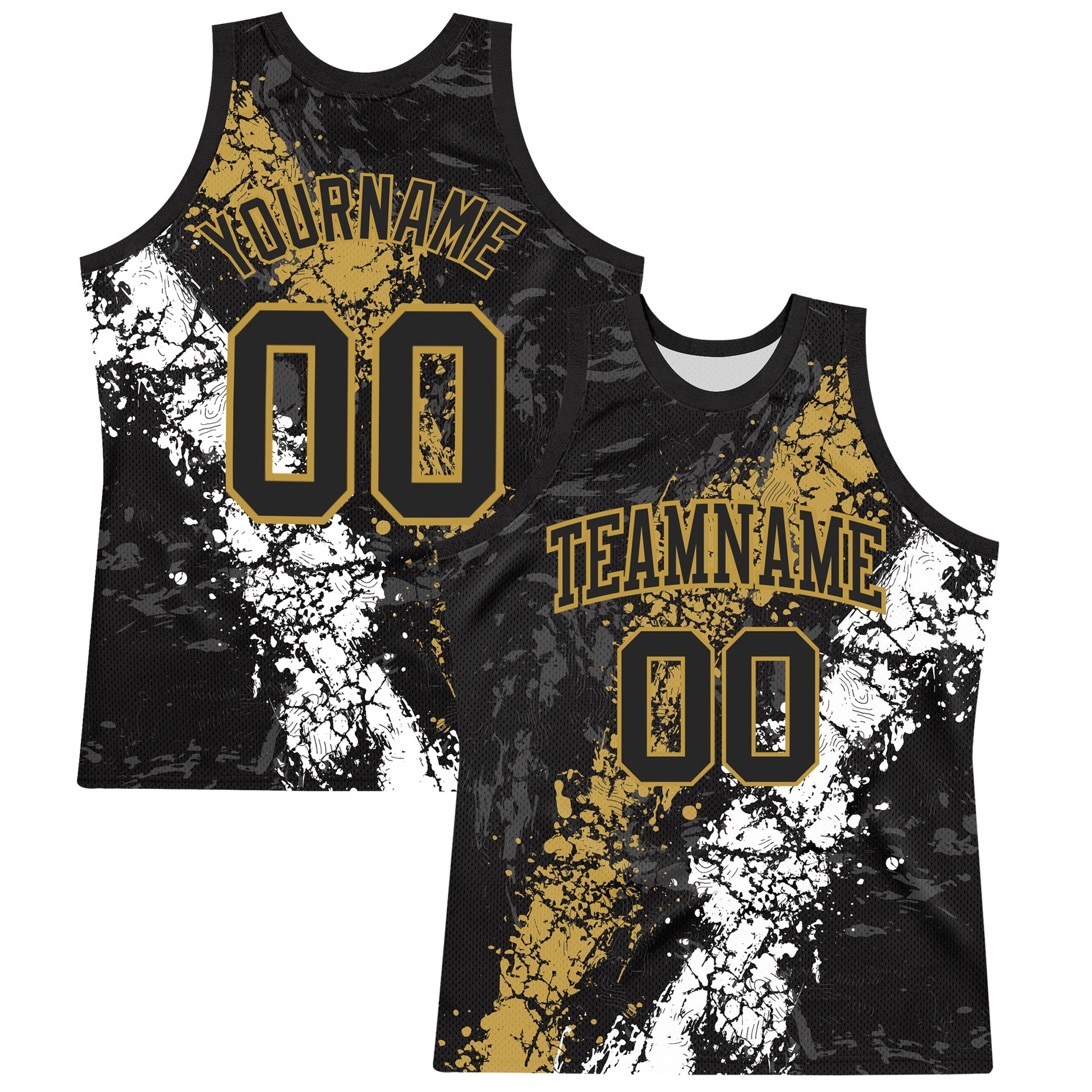 Custom Black Old Gold-White Splash Round Neck Sublimation Basketball Suit Jersey - Sky-Custom