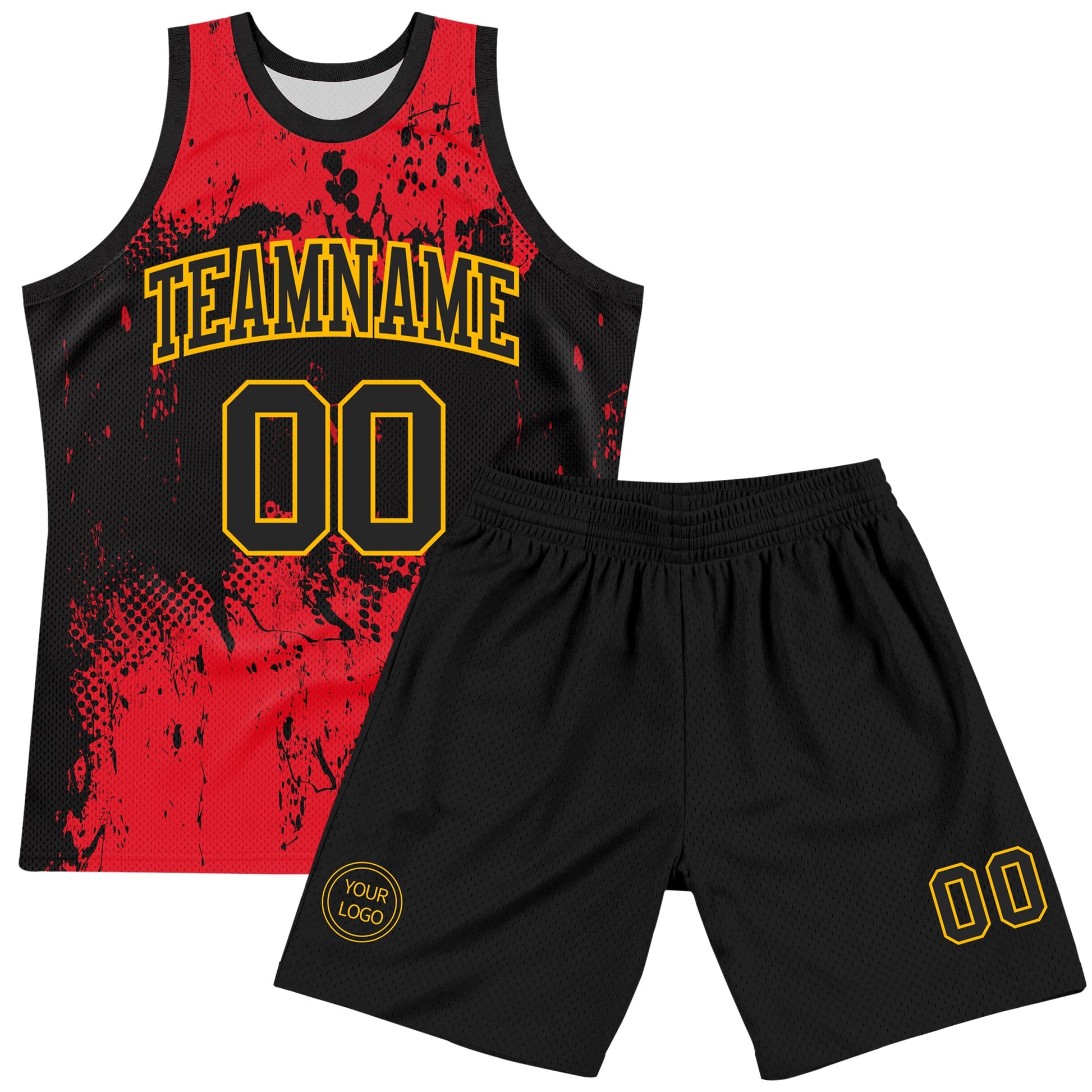 Custom Black Red-Gold Abstract Splatter Grunge Art Round Neck Sublimation Basketball Suit Jersey - Sky-Custom