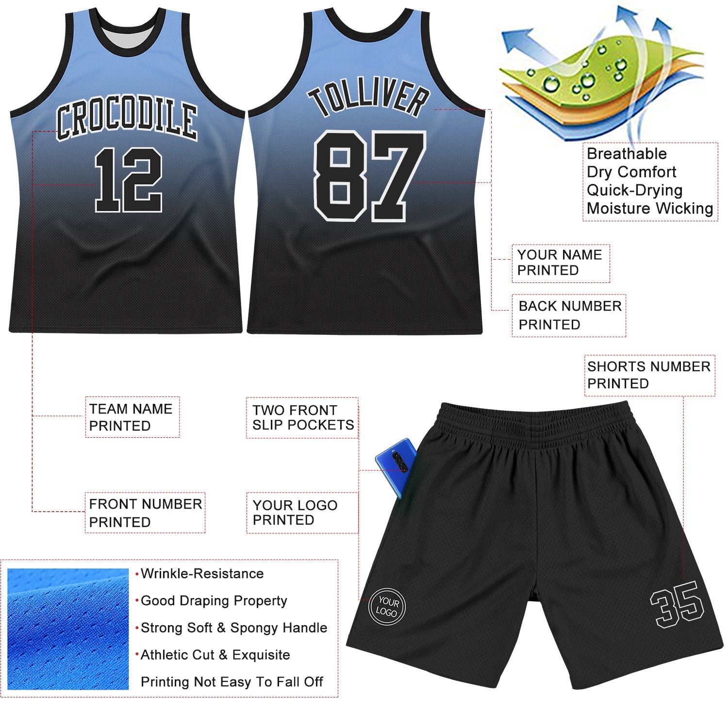 Custom Powder Blue Black-White Fade Fashion Round Neck Sublimation Basketball Suit Jersey - Sky-Custom