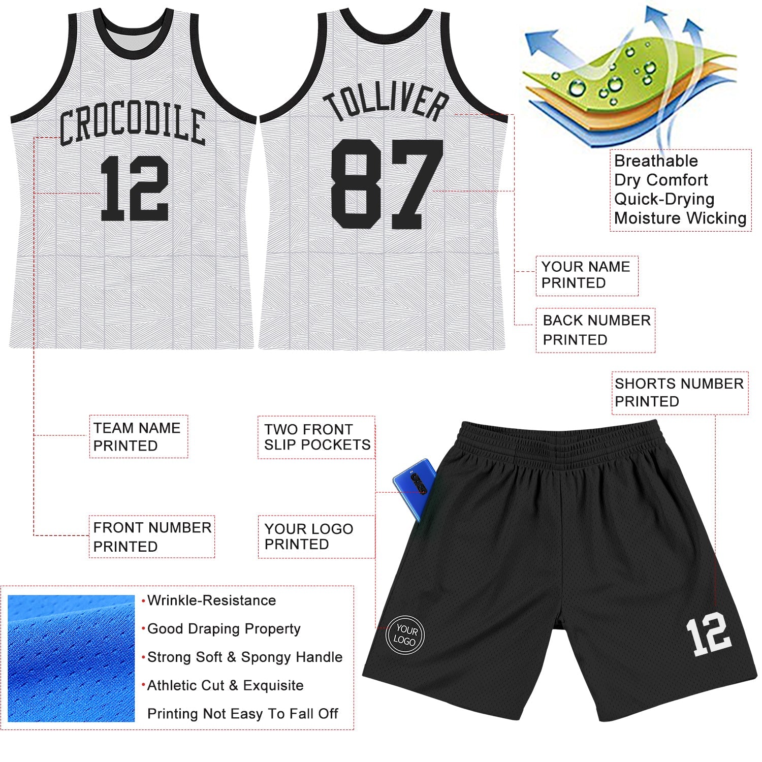 Custom Gray Black-White Line Round Neck Sublimation Basketball Suit Jersey - Sky-Custom