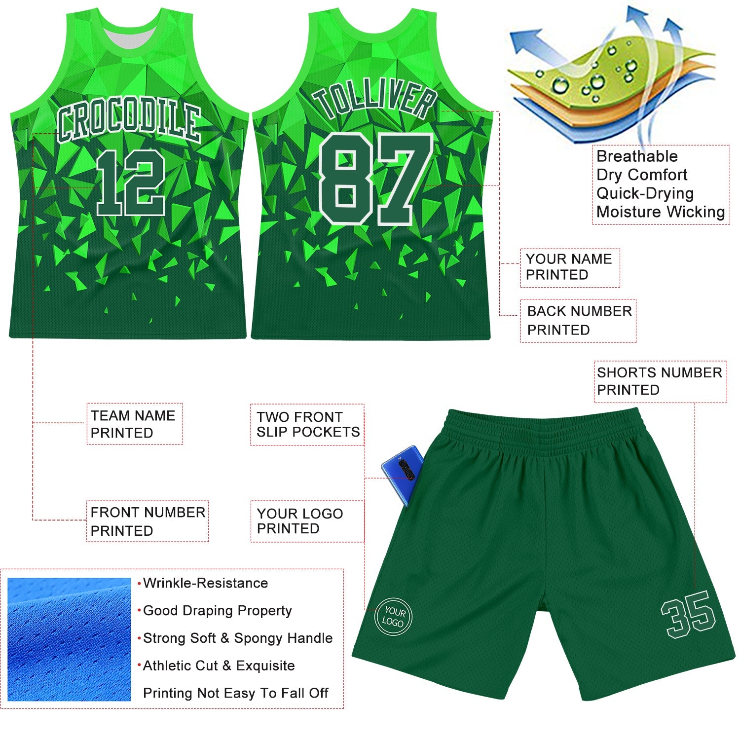 Custom Green Grass Green-White Geometric Shape Round Neck Sublimation Basketball Suit Jersey - Sky-Custom
