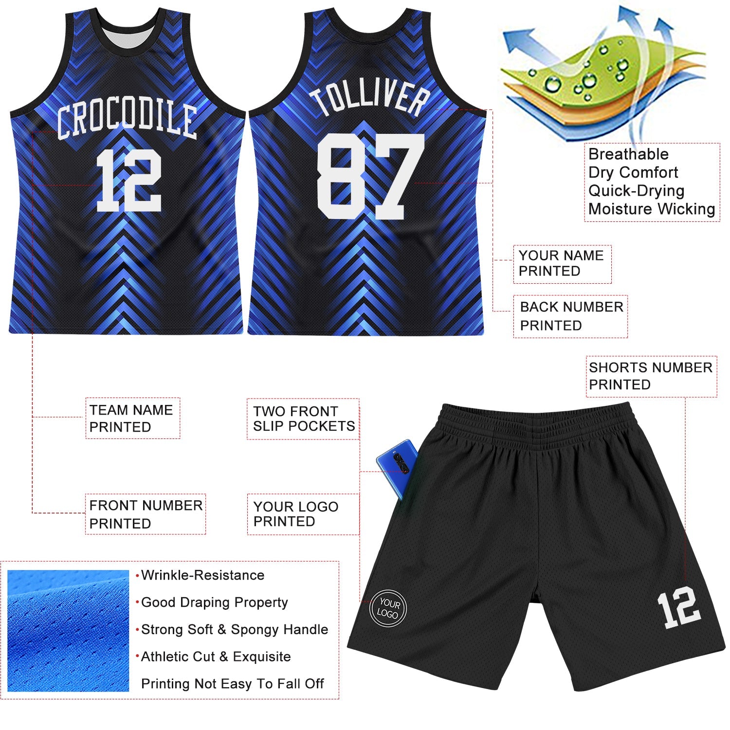 Custom Black White-Royal Arrow Shape Round Neck Sublimation Basketball Suit Jersey - Sky-Custom