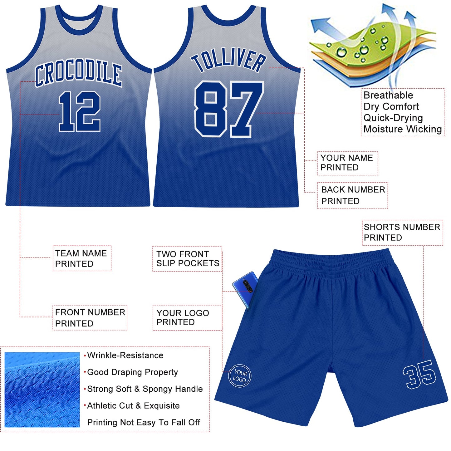 Custom Gray Royal-White Fade Fashion Round Neck Sublimation Basketball Suit Jersey - Sky-Custom