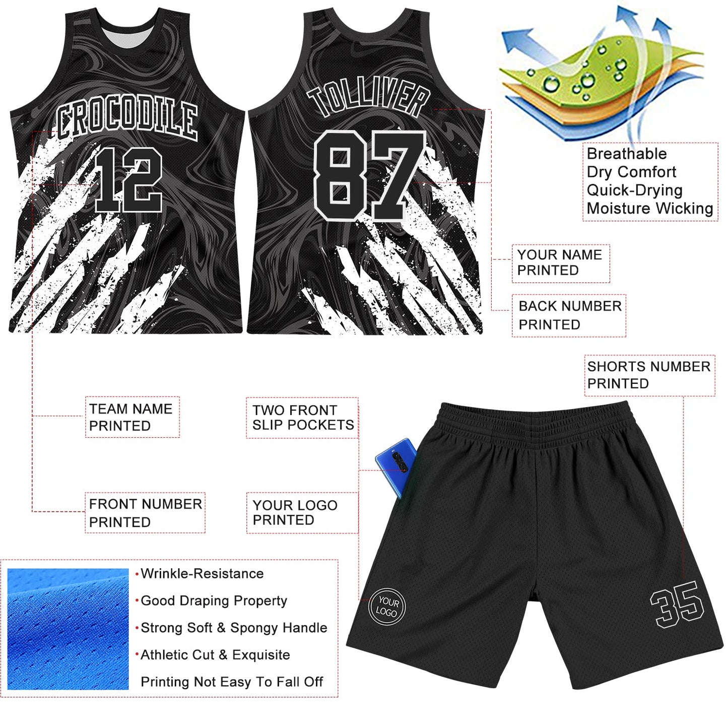 Custom Black White Splash Round Neck Sublimation Basketball Suit Jersey - Sky-Custom