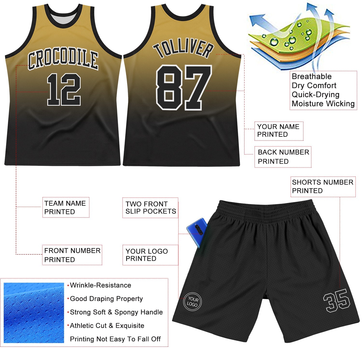 Custom Old Gold Black-White Fade Fashion Round Neck Sublimation Basketball Suit Jersey - Sky-Custom