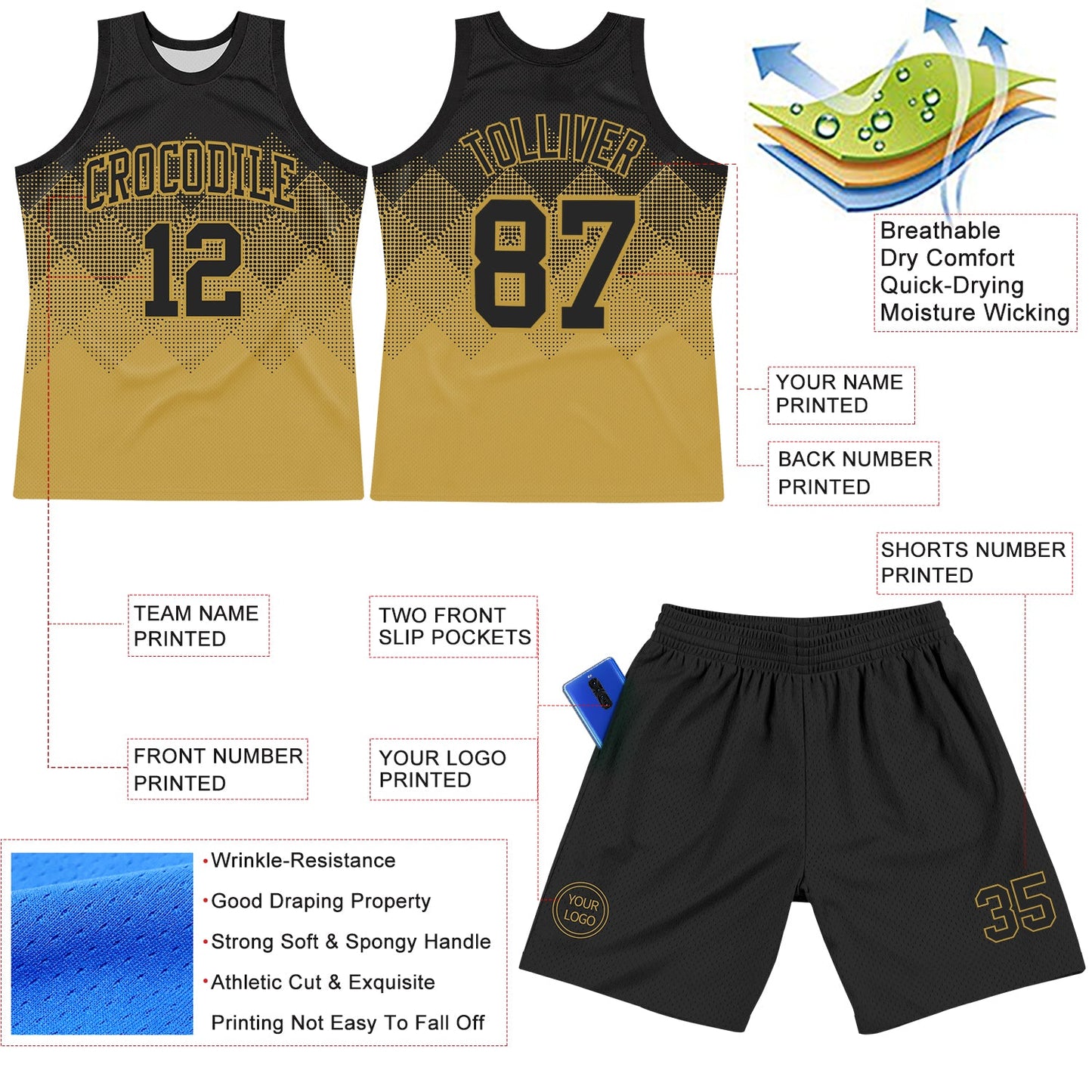 Custom Black Old Gold Gradient Square Shapes Round Neck Sublimation Basketball Suit Jersey - Sky-Custom
