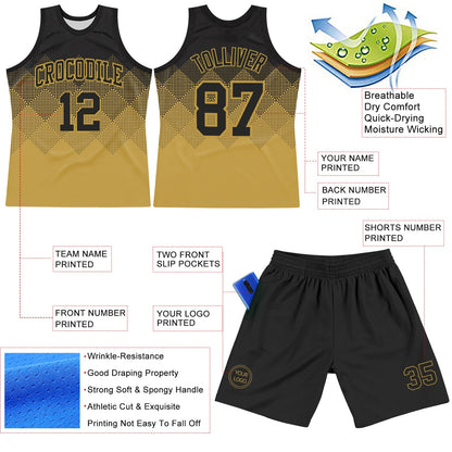 Custom Black Old Gold Gradient Square Shapes Round Neck Sublimation Basketball Suit Jersey - Sky-Custom