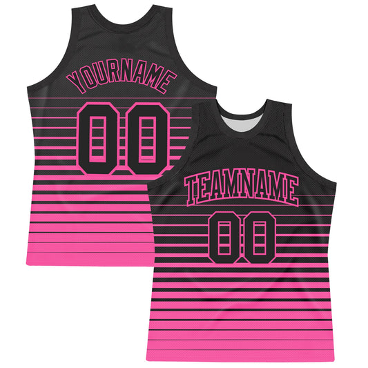 Custom Black Pink Pinstripe Fade Fashion Round Neck Sublimation Basketball Suit Jersey - Sky-Custom