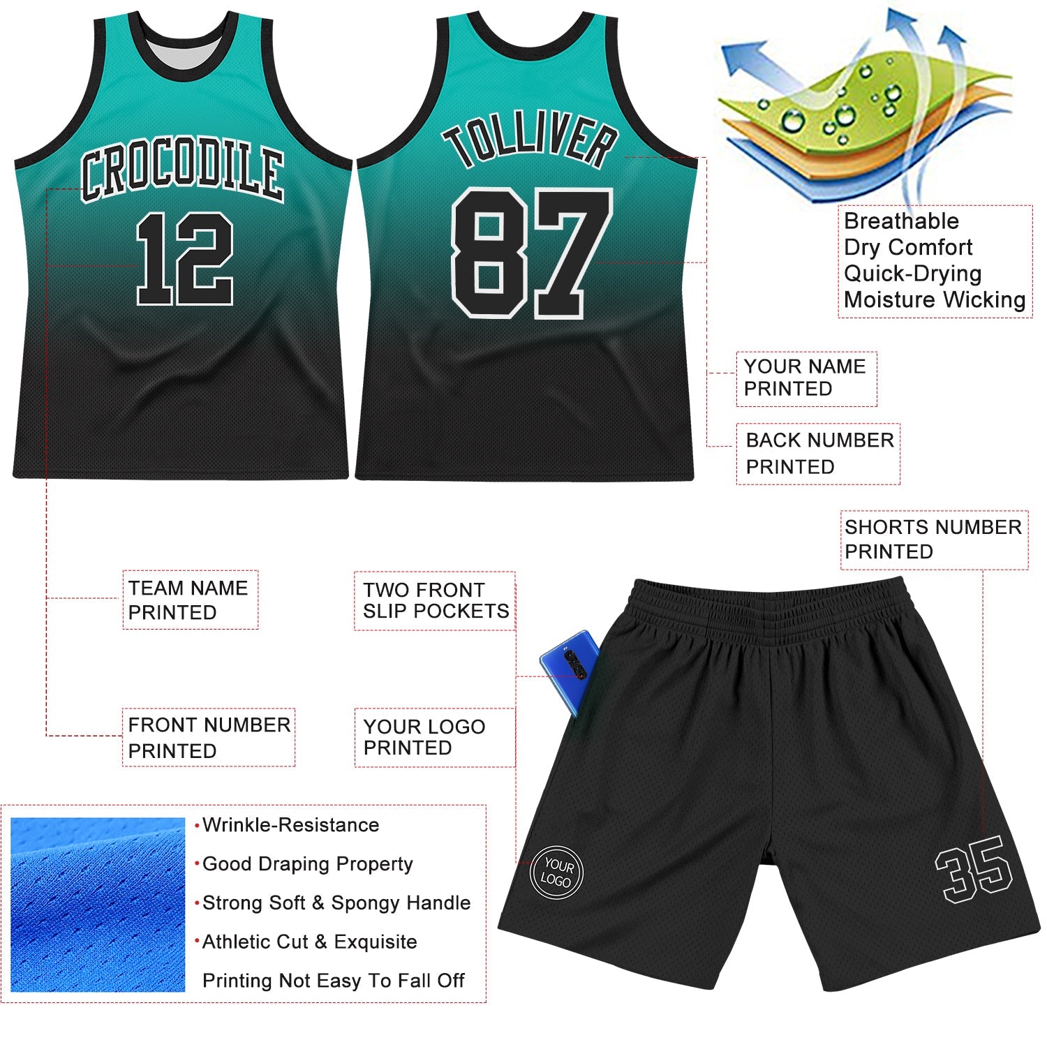 Custom Aqua Black-White Fade Fashion Round Neck Sublimation Basketball Suit Jersey - Sky-Custom