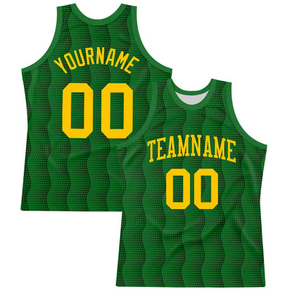 Custom Kelly Green Yellow Geometric Shape Round Neck Sublimation Basketball Suit Jersey - Sky-Custom