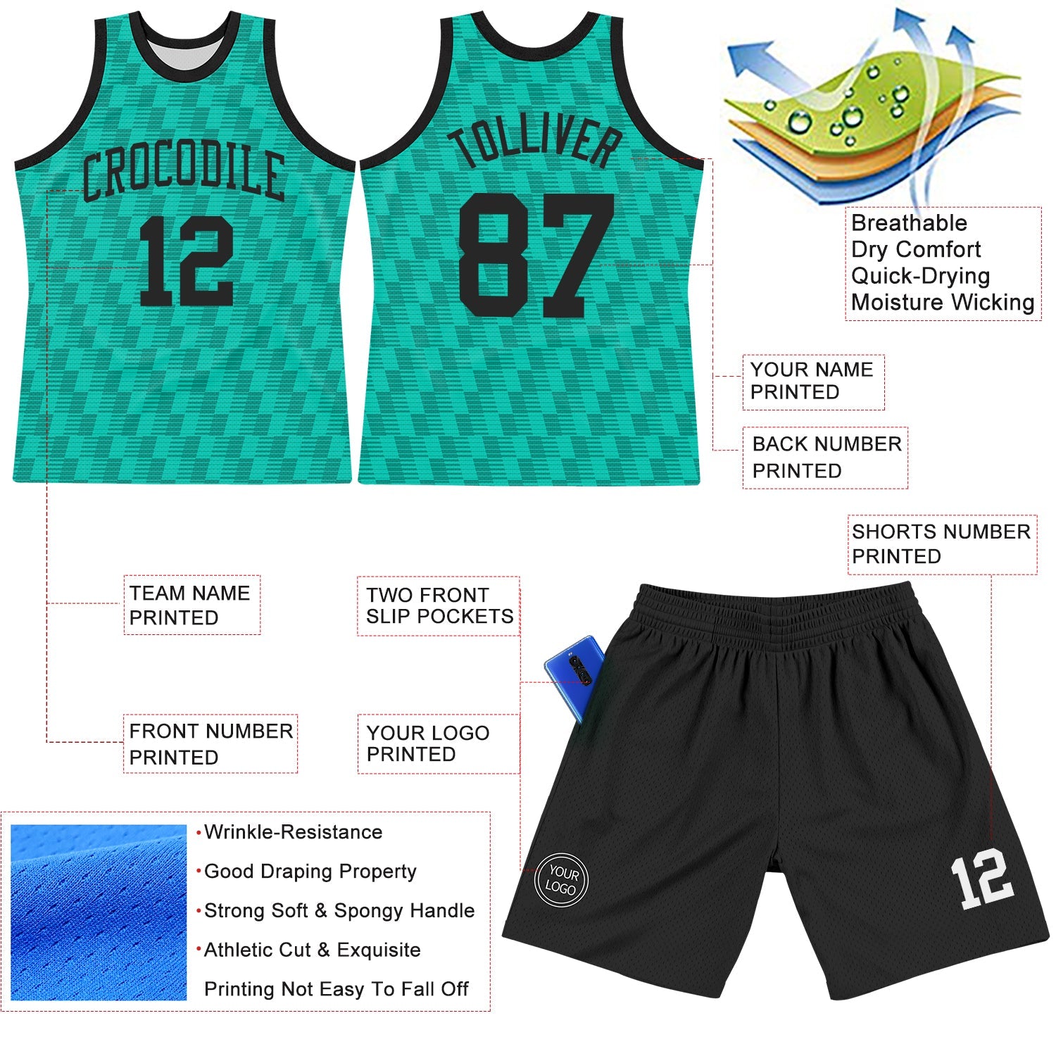 Custom Teal White Line Round Neck Sublimation Basketball Suit Jersey - Sky-Custom