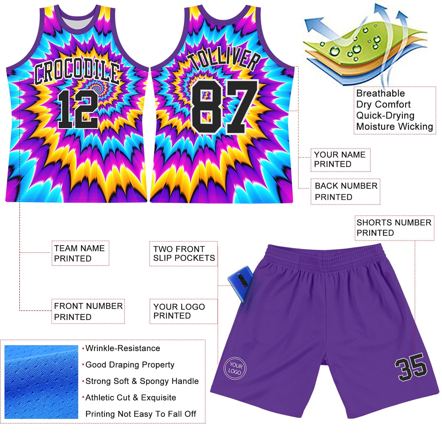 Custom Tie Dye Black-White Round Neck Sublimation Basketball Suit Jersey - Sky-Custom