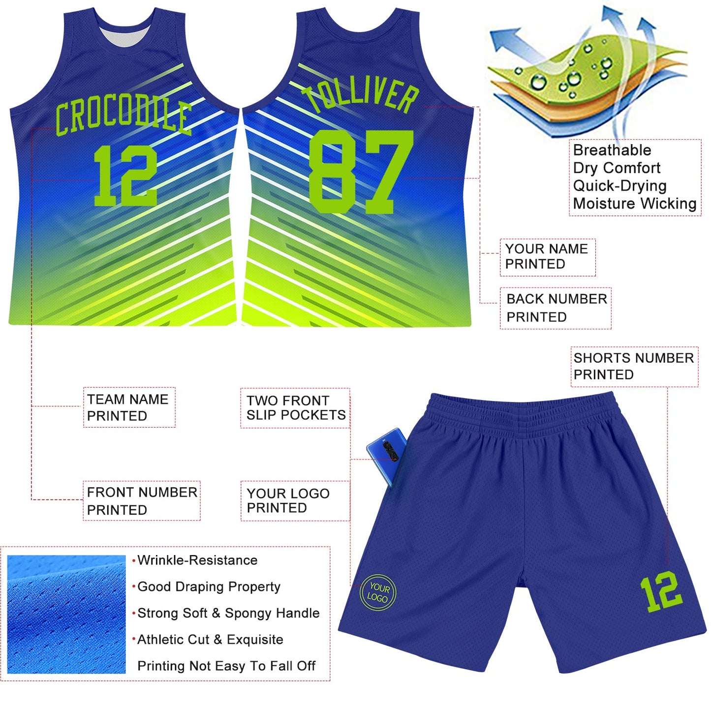 Custom Royal Neon Green-White Line Round Neck Sublimation Basketball Suit Jersey - Sky-Custom