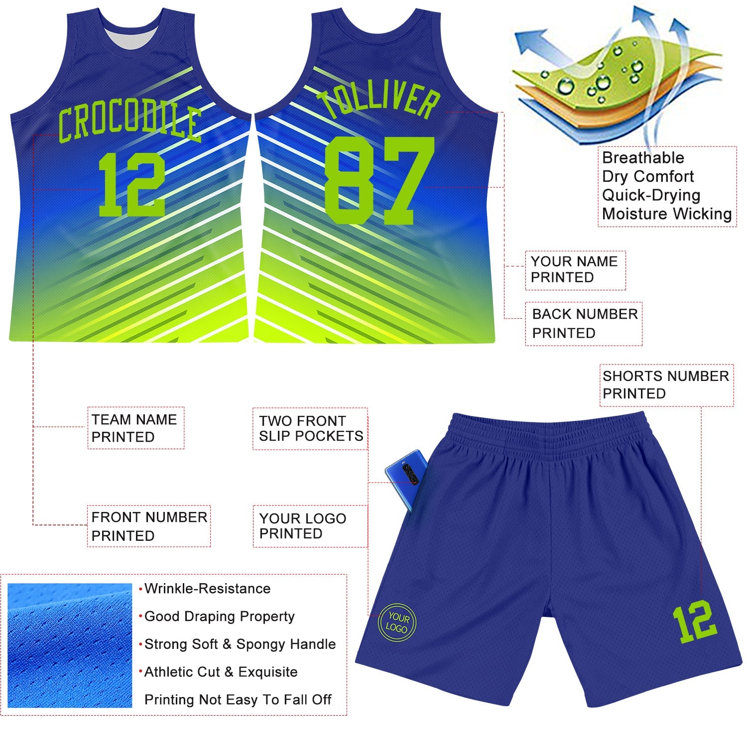 Custom Royal Neon Green-White Line Round Neck Sublimation Basketball Suit Jersey - Sky-Custom