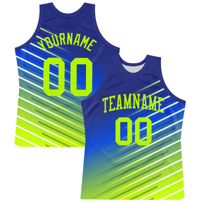 Custom Royal Neon Green-White Line Round Neck Sublimation Basketball Suit Jersey - Sky-Custom