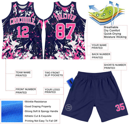 Custom Navy Pink-White Fluid Art Round Neck Sublimation Basketball Suit Jersey - Sky-Custom
