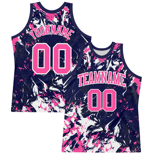 Custom Navy Pink-White Fluid Art Round Neck Sublimation Basketball Suit Jersey - Sky-Custom