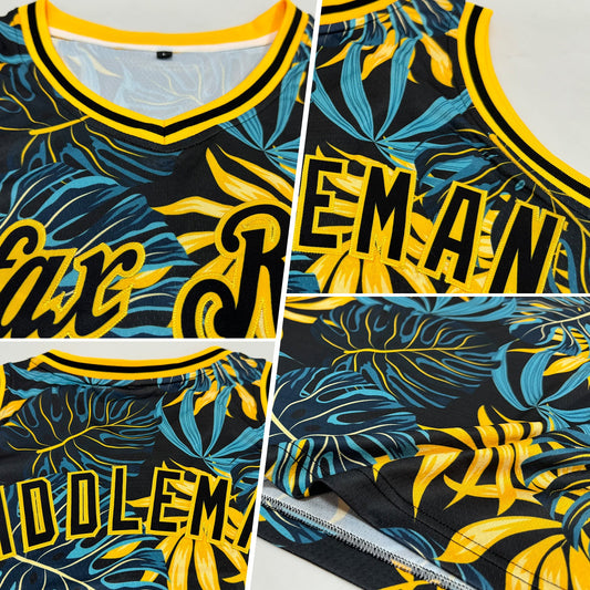 Custom Black Black-Gold 3D Pattern Tropical Hawaii Plants Authentic Basketball Jersey - Sky-Custom