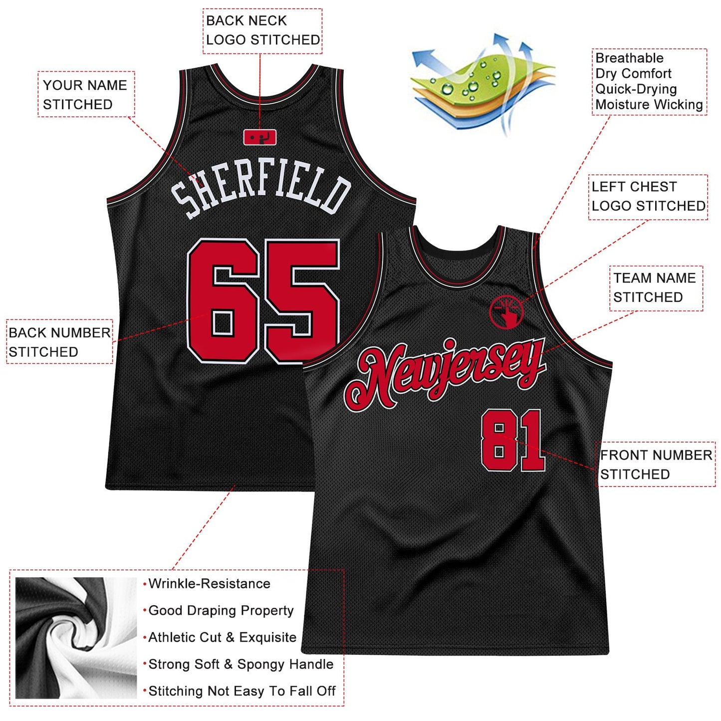 Custom Black Red-White Authentic Throwback Basketball Jersey - Sky-Custom