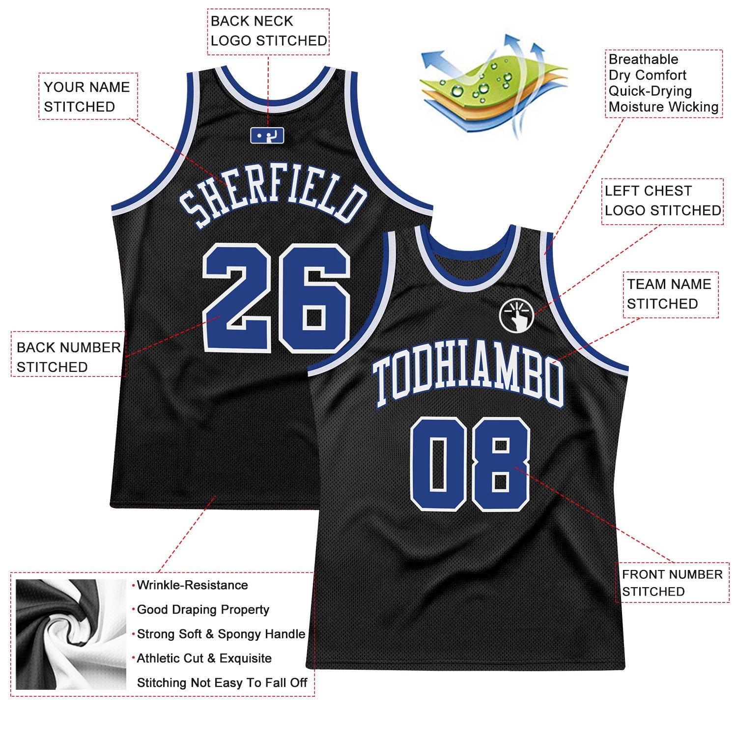 Custom Black Royal-White Authentic Throwback Basketball Jersey - Sky-Custom