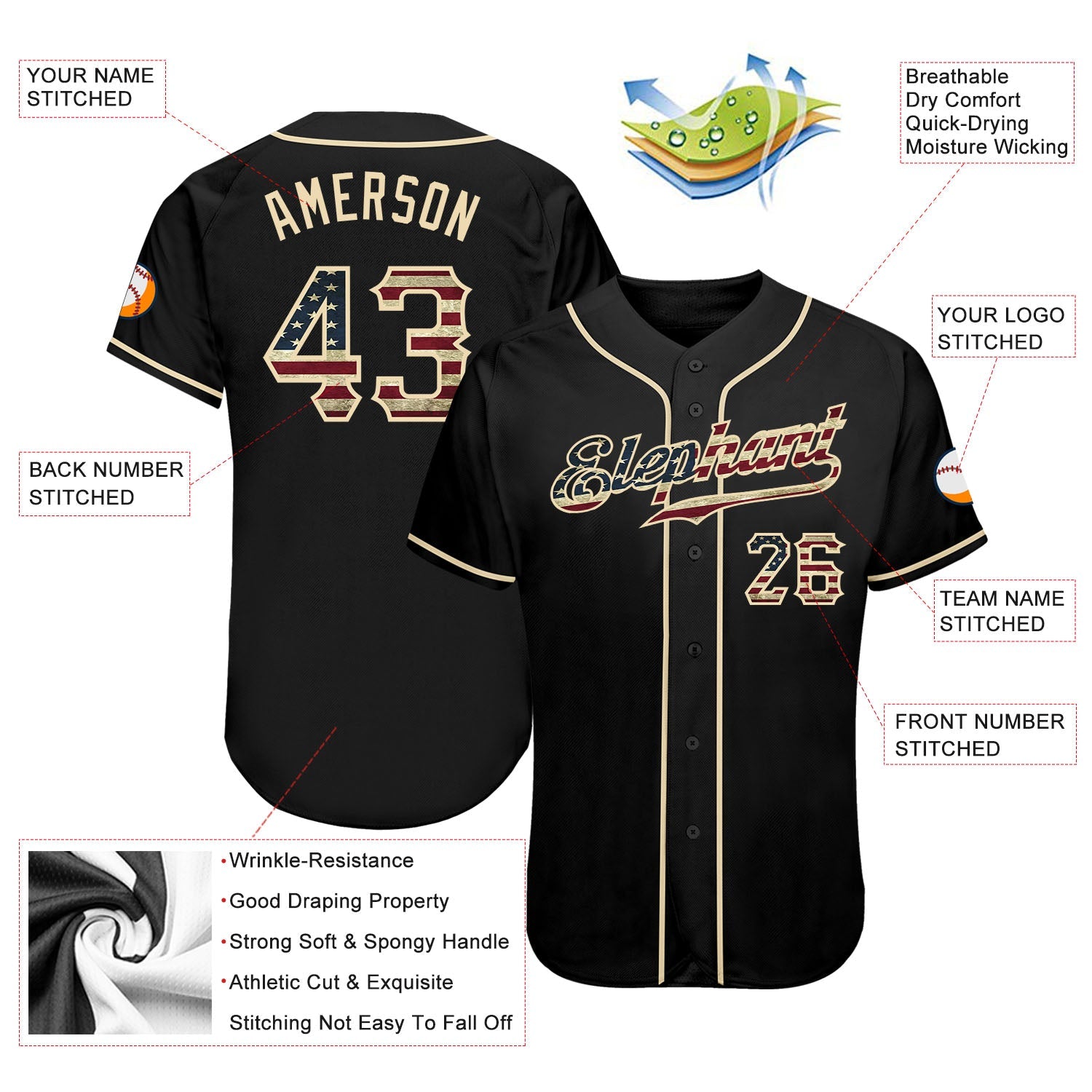 Custom Black Vintage USA Flag-Cream Authentic Baseball Jersey - Sky-Custom