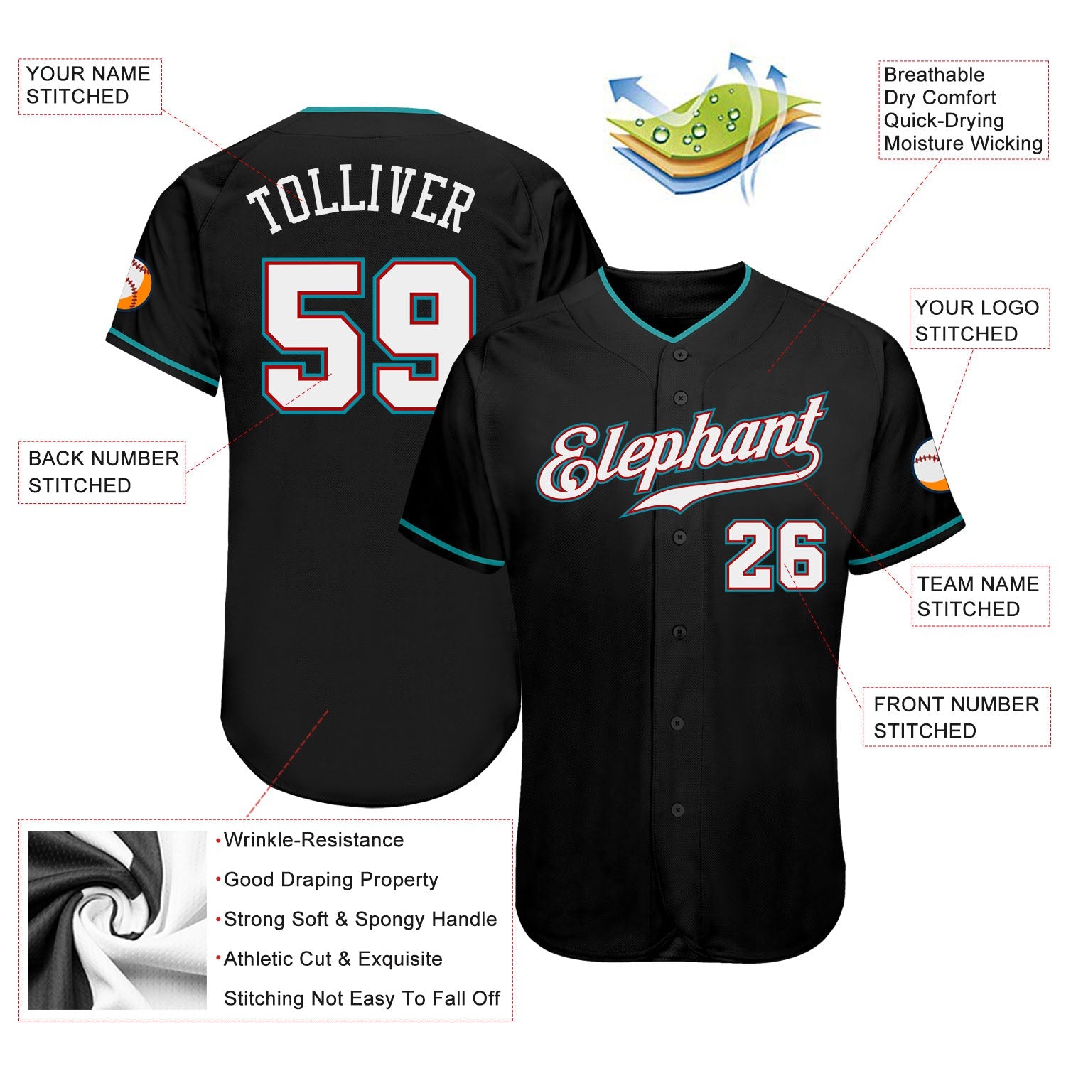 Custom Black White-Teal Authentic Baseball Jersey - Sky-Custom
