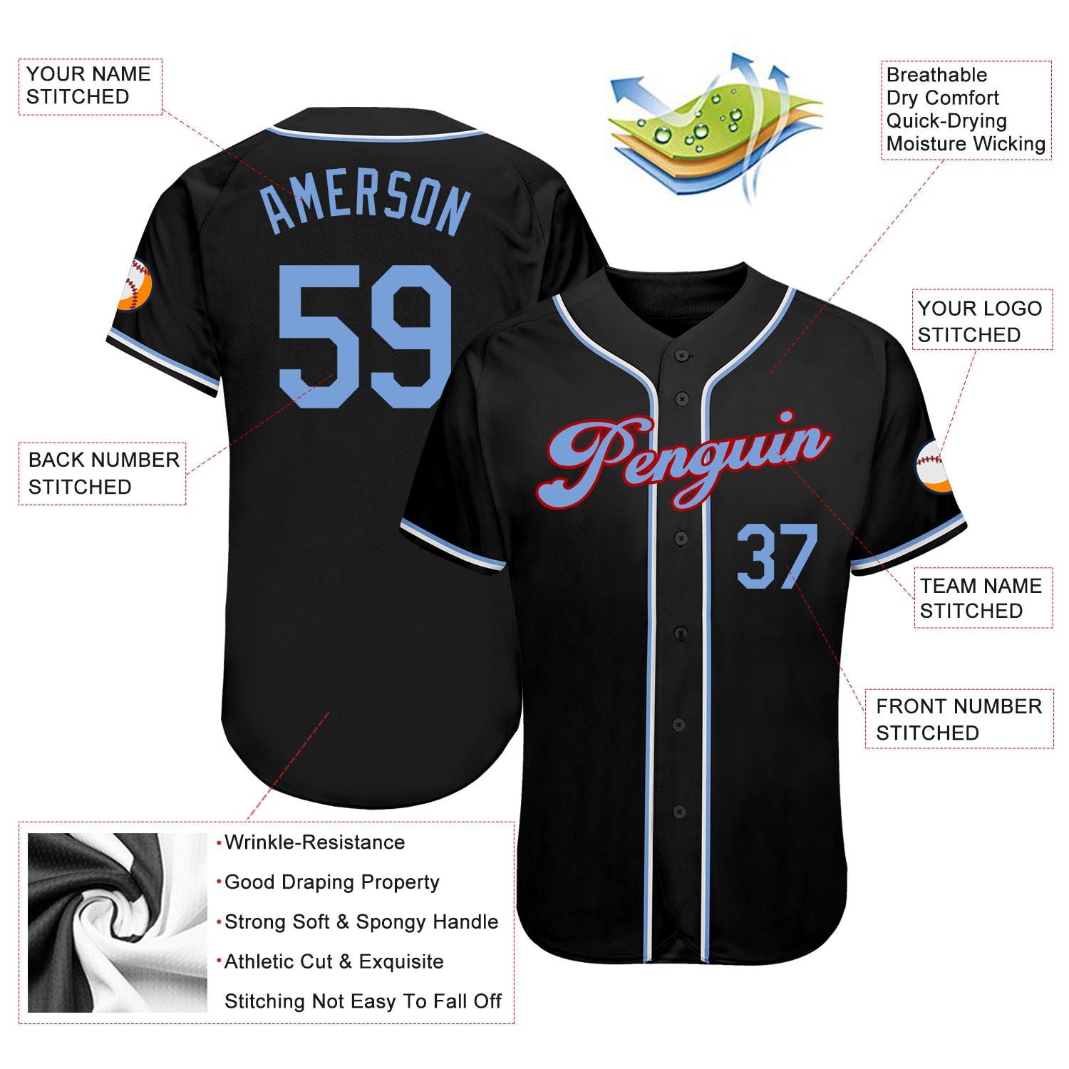 Custom Black Light Blue-Red Authentic Baseball Jersey - Sky-Custom